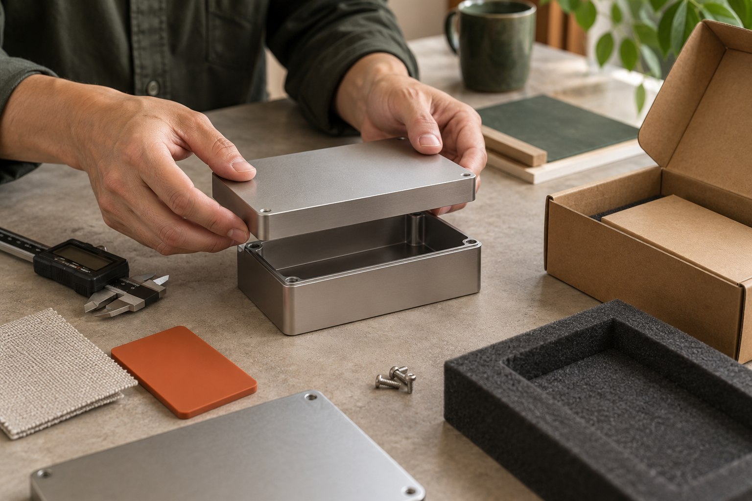 Illustration of reviewing a product sample and packaging, not an actual inspection